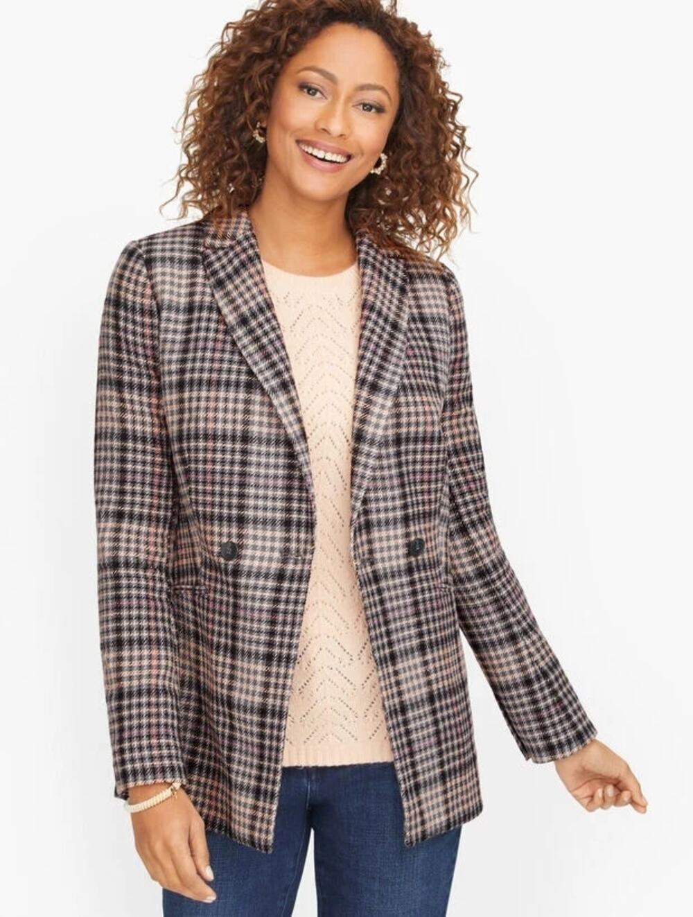 Talbots Double Breasted Bradwell Plaid Blazer black cream gray coral sz 12